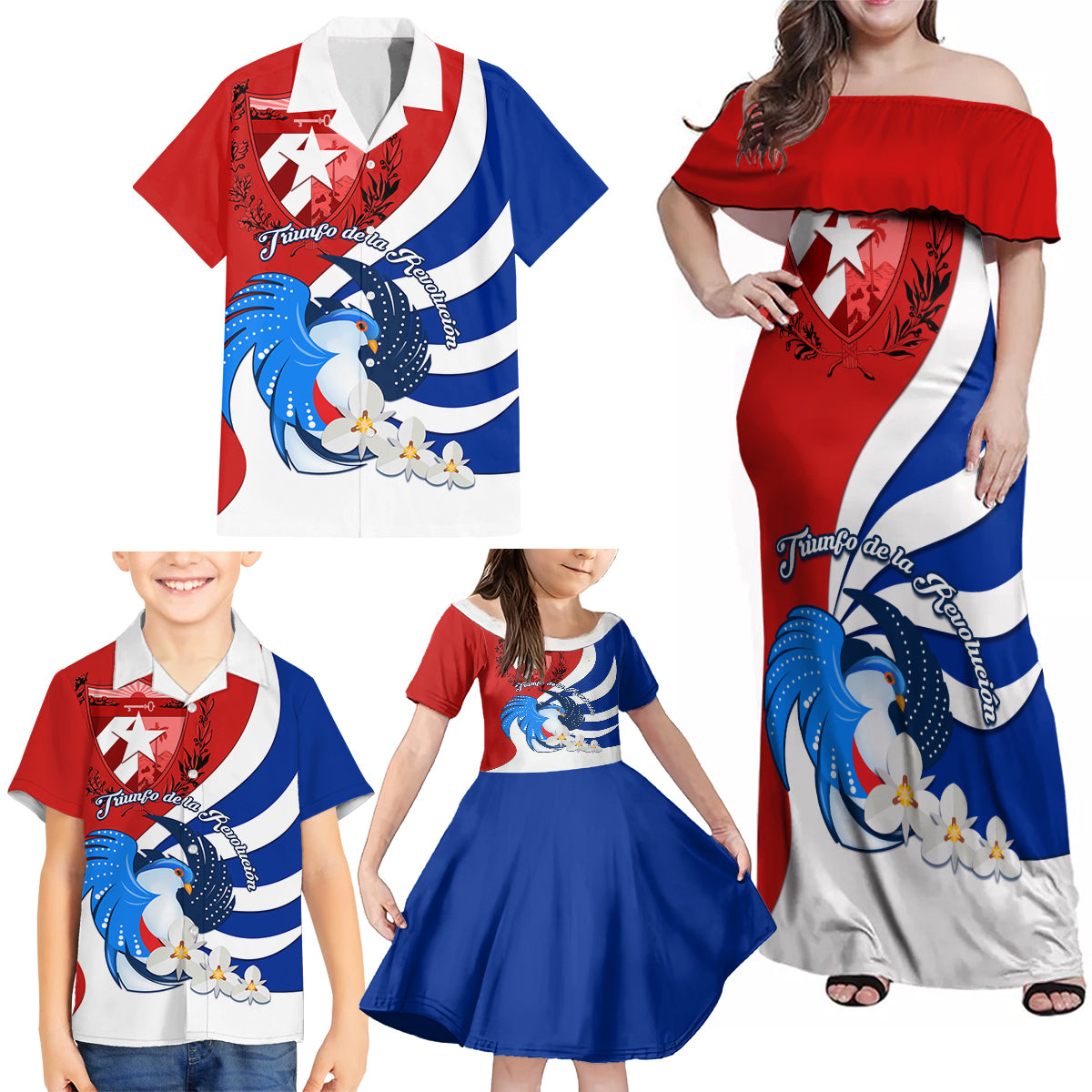 Cuba Liberation Day Family Matching Off Shoulder Maxi Dress and Hawaiian Shirt Patria o Muerte Venceremos Tocororo With White Mariposa - Wonder Print Shop