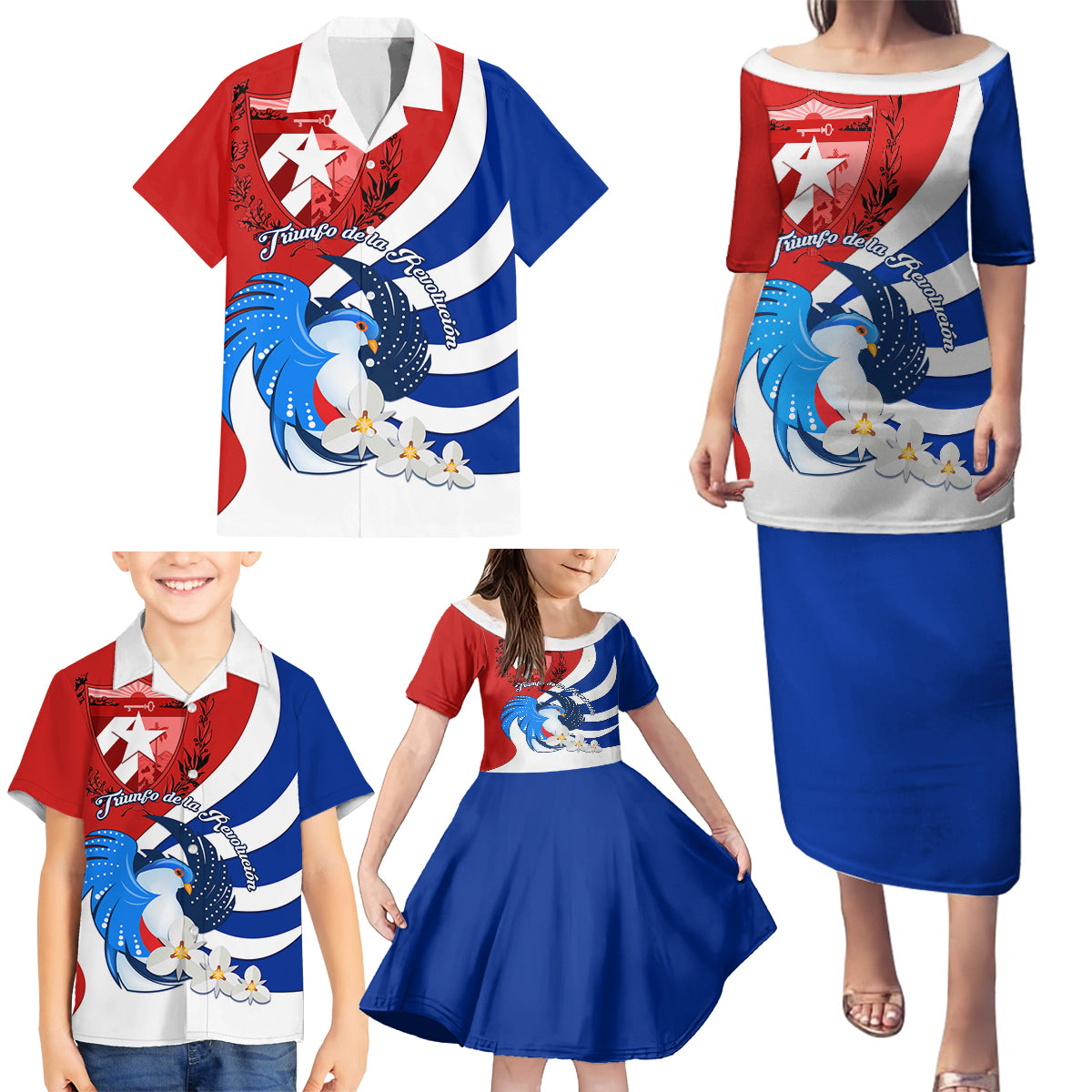 Cuba Liberation Day Family Matching Puletasi Dress and Hawaiian Shirt Patria o Muerte Venceremos Tocororo With White Mariposa - Wonder Print Shop