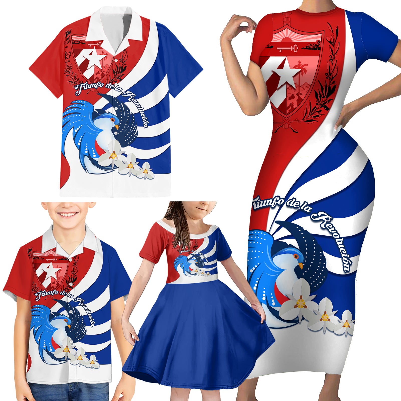 Cuba Liberation Day Family Matching Short Sleeve Bodycon Dress and Hawaiian Shirt Patria o Muerte Venceremos Tocororo With White Mariposa - Wonder Print Shop