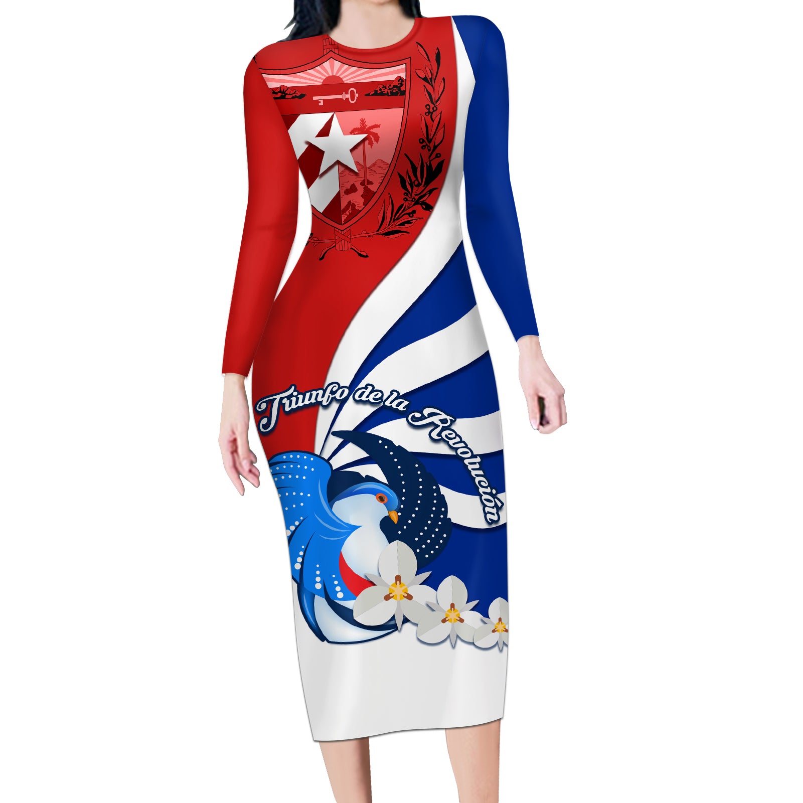 Cuba Liberation Day Long Sleeve Bodycon Dress Patria o Muerte Venceremos Tocororo With White Mariposa - Wonder Print Shop