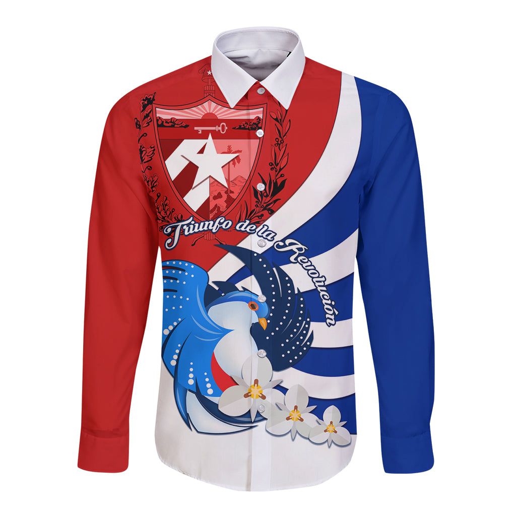 Long-sleeve button-up shirt with red, white, and blue graphic bird and flowers