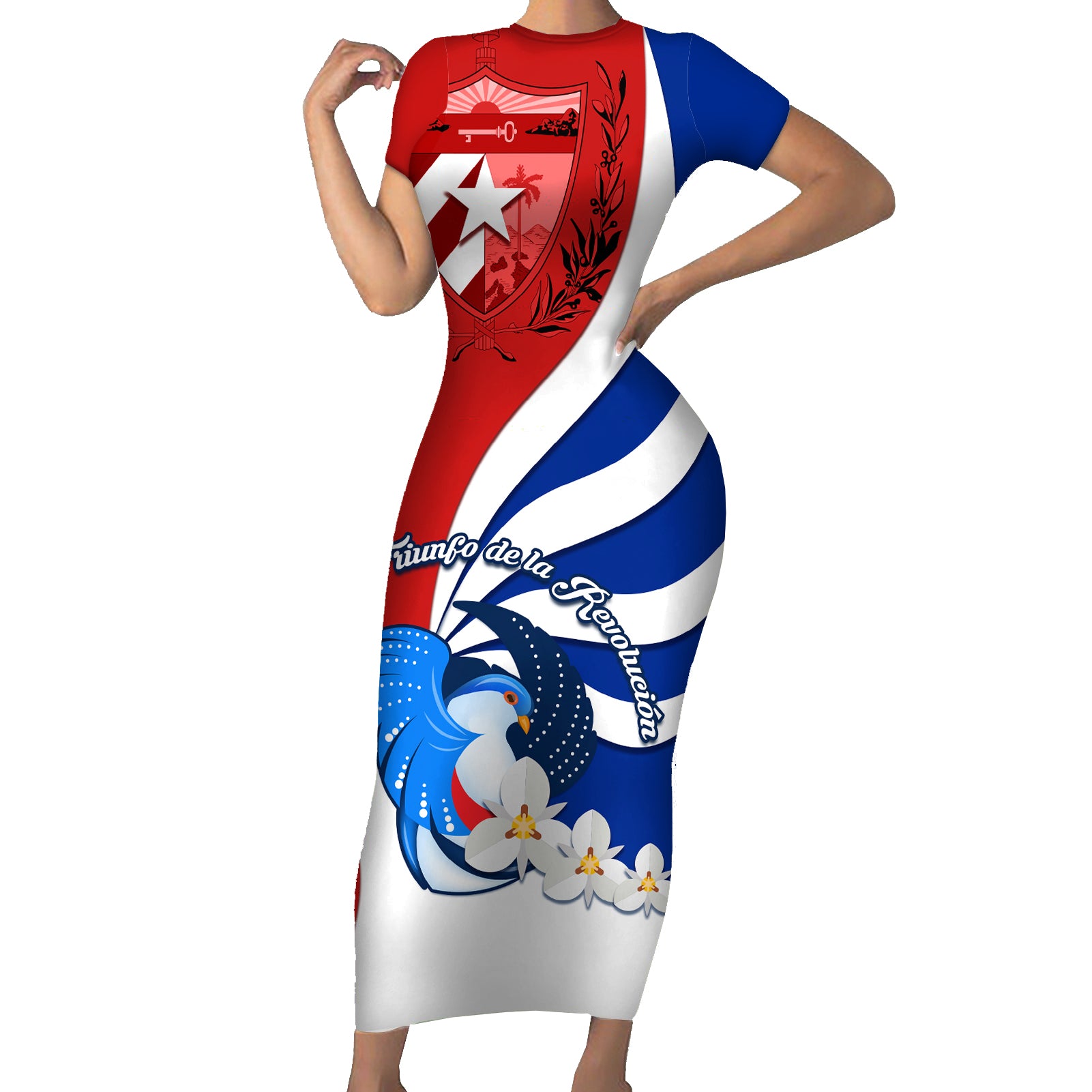 Cuba Liberation Day Short Sleeve Bodycon Dress Patria o Muerte Venceremos Tocororo With White Mariposa - Wonder Print Shop