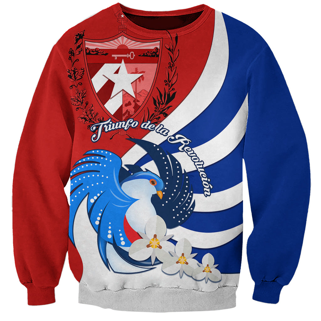 Unisex colorblock sweatshirt with red and blue sleeves, bird and floral graphic on front