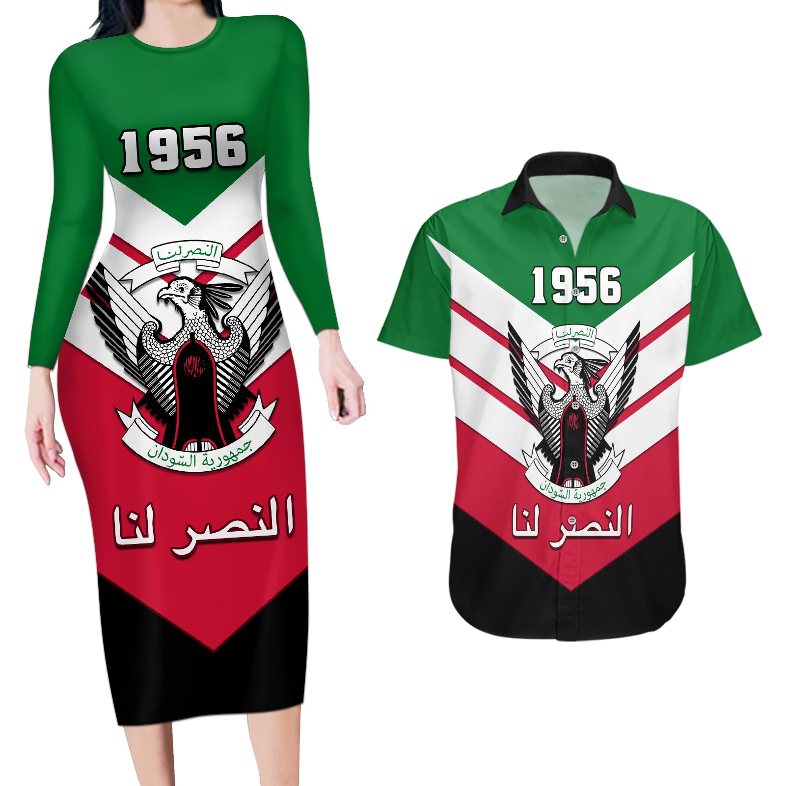 Sudan Independence Day Couples Matching Long Sleeve Bodycon Dress and Hawaiian Shirt Sudanese Secretary Bird - Wonder Print Shop