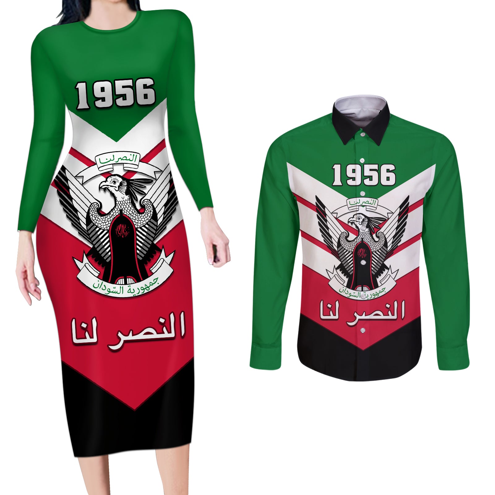 Sudan Independence Day Couples Matching Long Sleeve Bodycon Dress and Long Sleeve Button Shirt Sudanese Secretary Bird - Wonder Print Shop