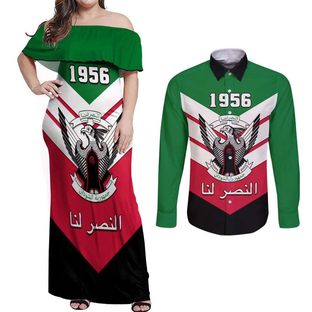 Sudan Independence Day Couples Matching Off Shoulder Maxi Dress and Long Sleeve Button Shirt Sudanese Secretary Bird - Wonder Print Shop