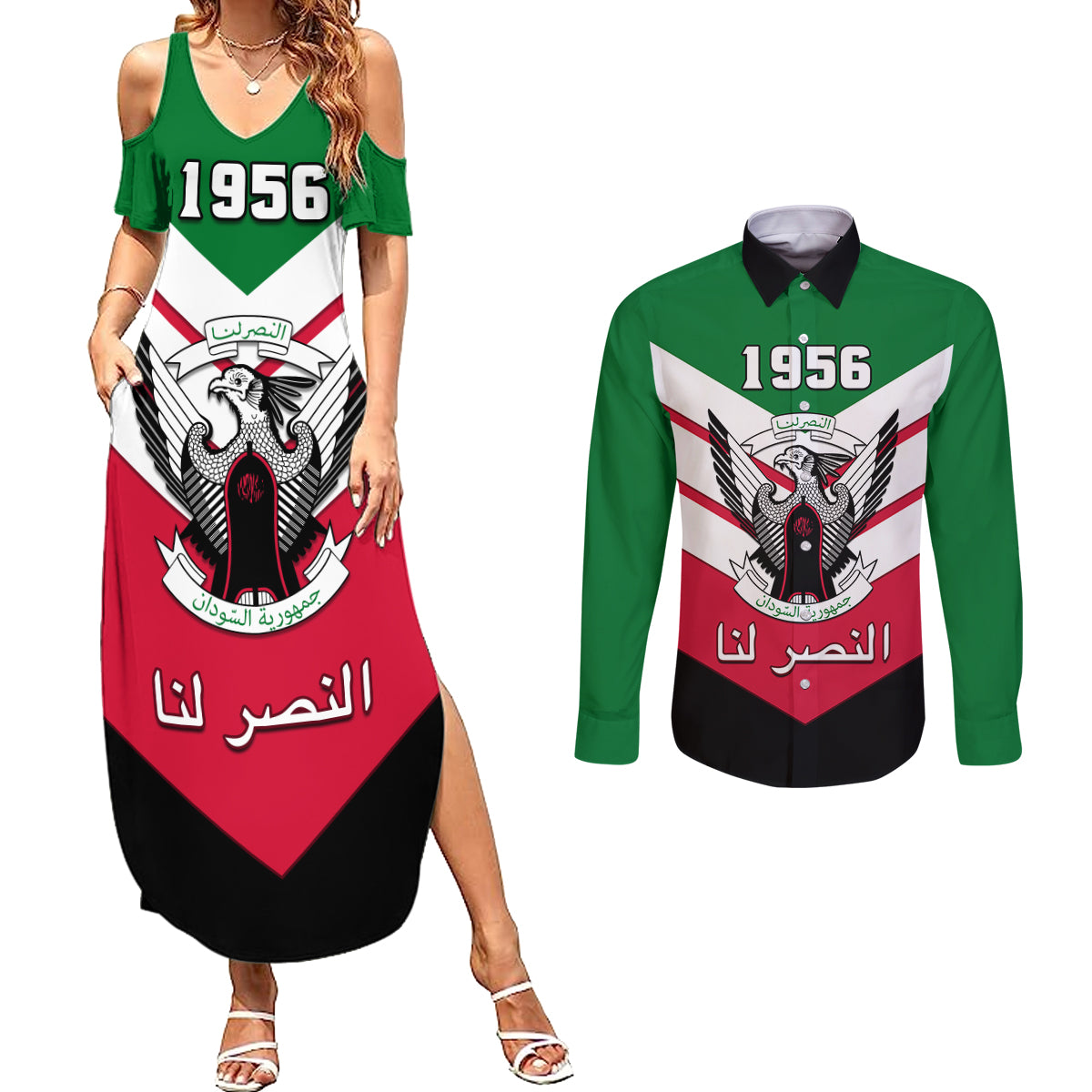 Sudan Independence Day Couples Matching Summer Maxi Dress and Long Sleeve Button Shirt Sudanese Secretary Bird - Wonder Print Shop