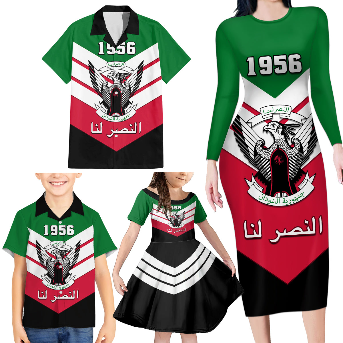 Sudan Independence Day Family Matching Long Sleeve Bodycon Dress and Hawaiian Shirt Sudanese Secretary Bird - Wonder Print Shop