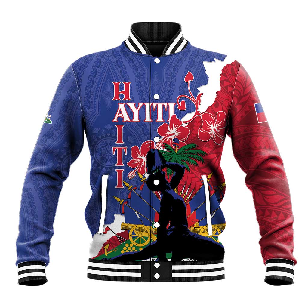 Blue baseball jacket with red sleeves, black central graphic, striped ribbed collar