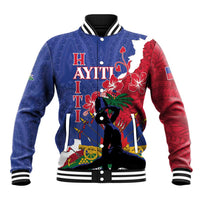 Blue baseball jacket with red sleeves, black central graphic, striped ribbed collar