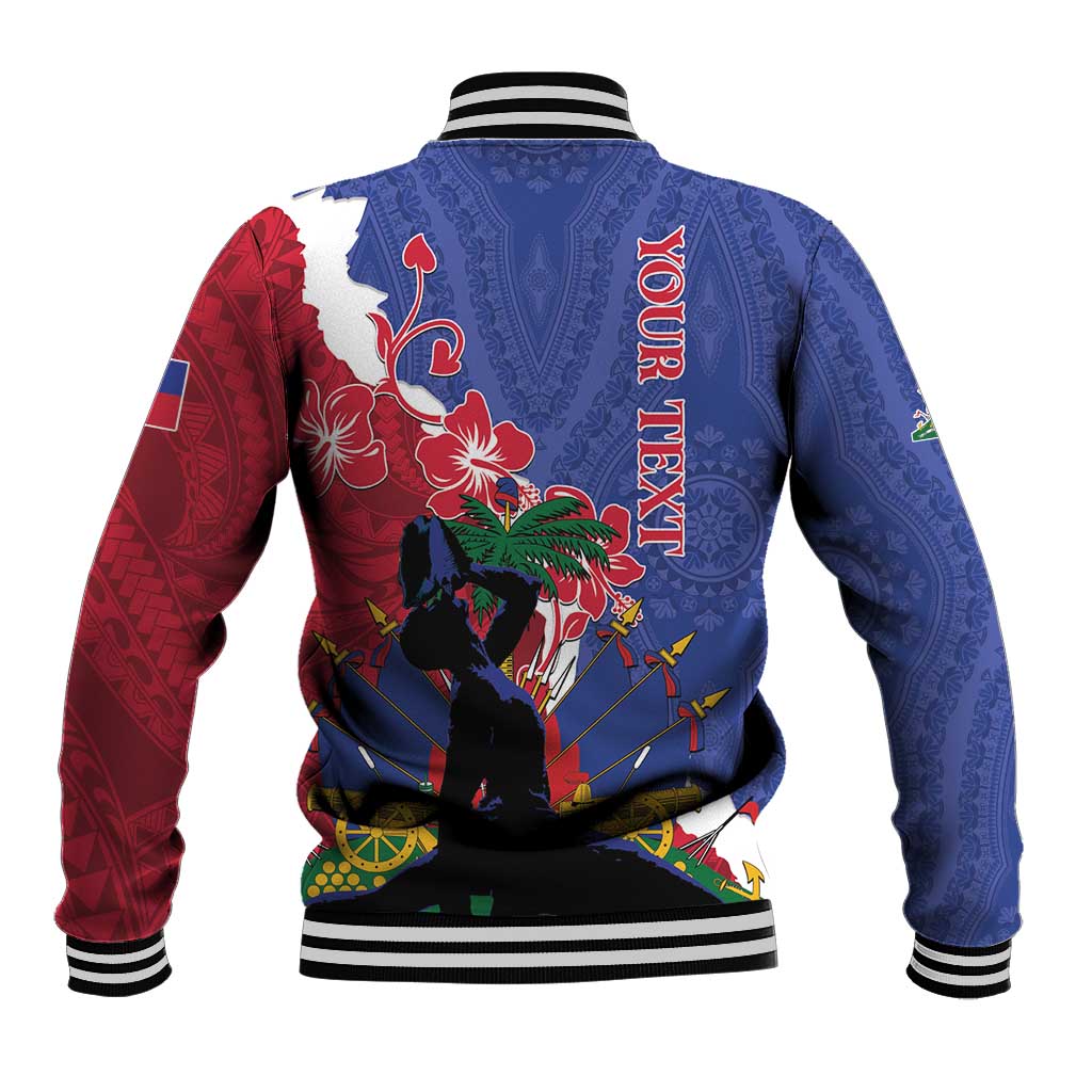 Blue baseball jacket back with red panels, large illustrated scene, striped ribbed hem
