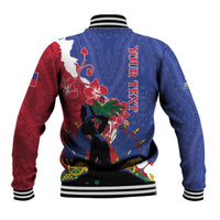 Blue baseball jacket back with red panels, large illustrated scene, striped ribbed hem