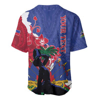 Blue red baseball jersey with button V-neck and large vertical Haiti graphic, back view