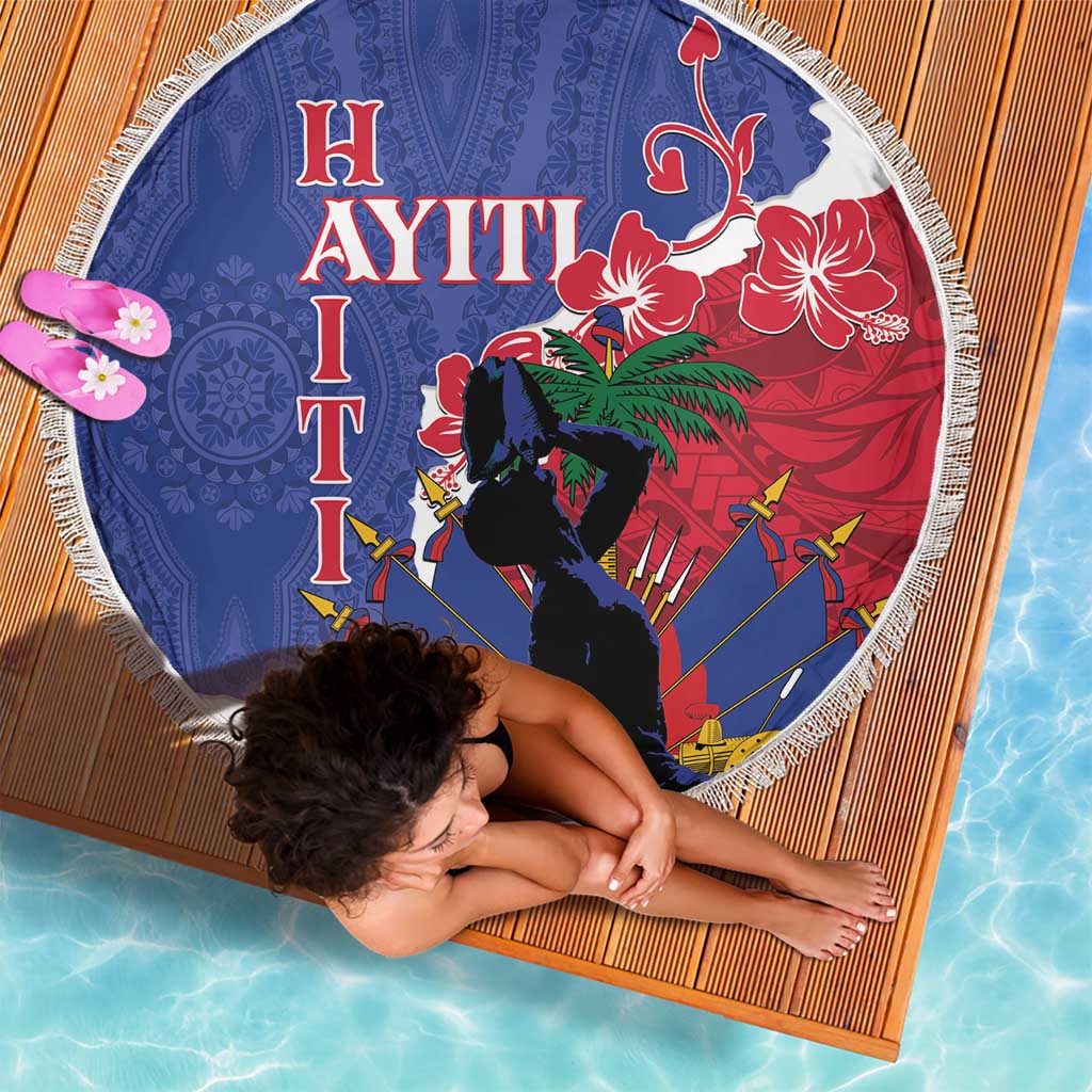 Round beach blanket with fringe edge, blue and red tropical horse rider scene