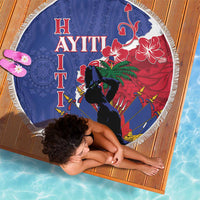 Round beach blanket with fringe edge, blue and red tropical horse rider scene