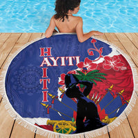 Round blue and red beach blanket with fringe trim, tropical horse rider graphic