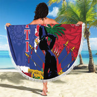 Round blue and red beach blanket with white fringe, tropical horse rider design