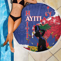 Round blue and red beach blanket with white fringe, tropical horse rider and flowers