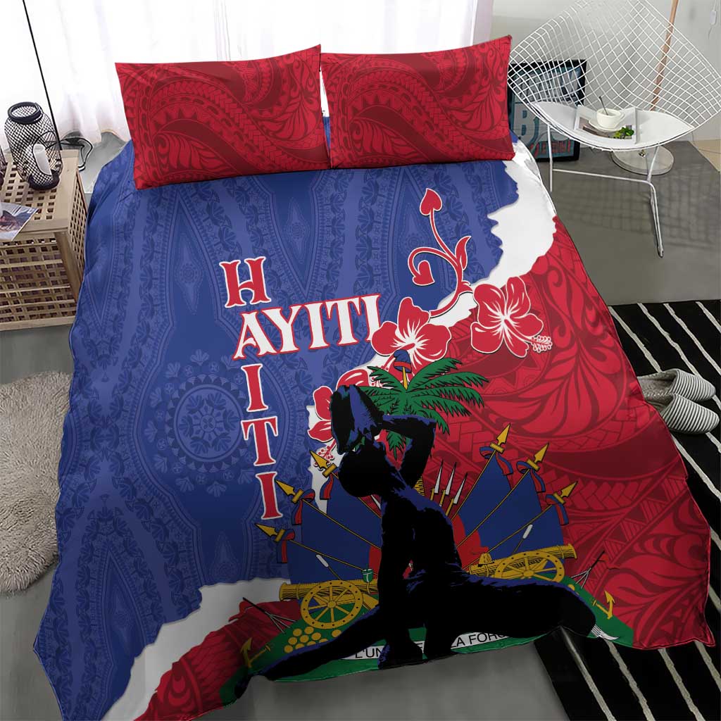 Haiti dashiki patterned duvet with red pillow shams, blue and red map-style design