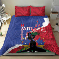 Haiti dashiki bedding set featuring blue and red duvet with two red patterned pillows