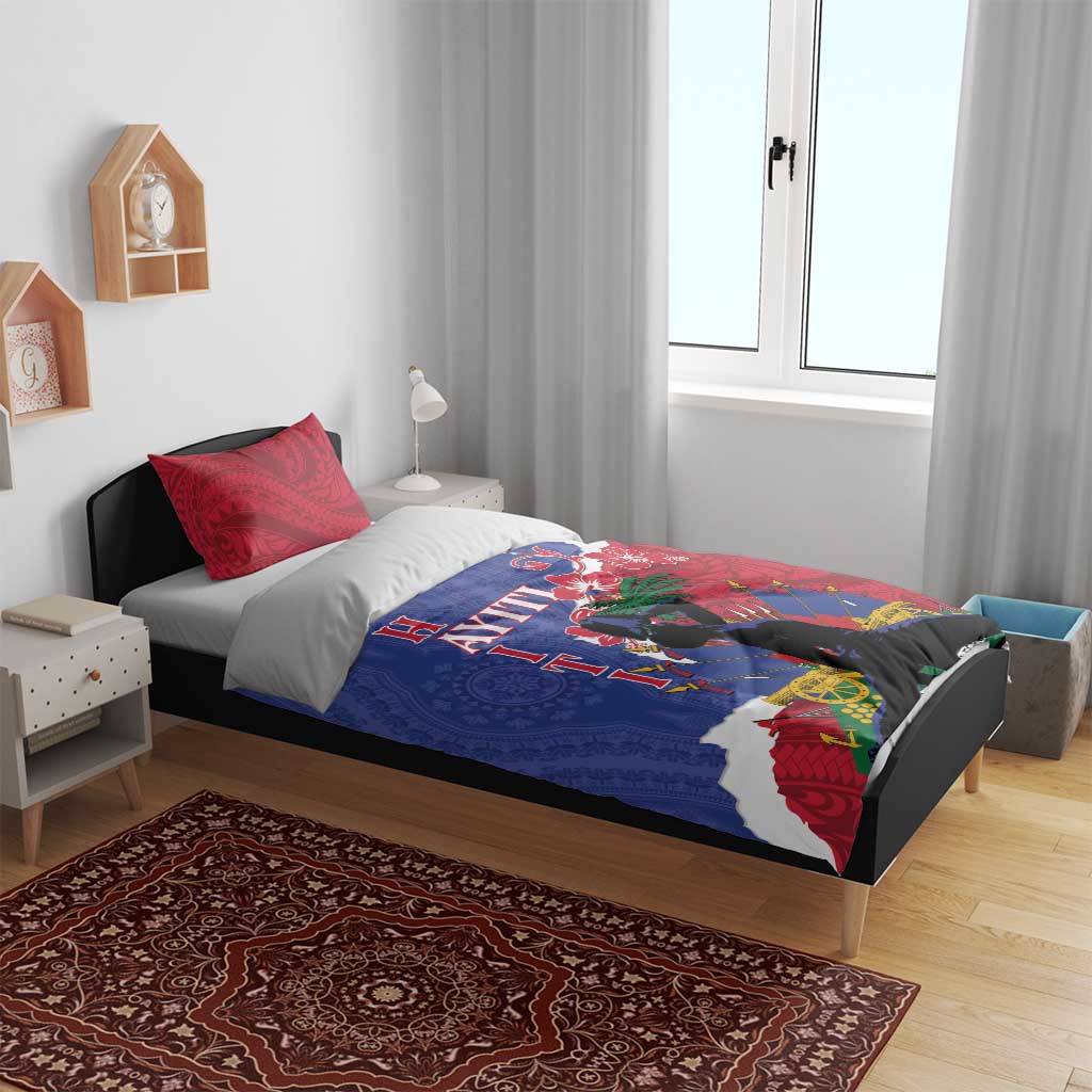 Haiti dashiki duvet on bed with blue and red graphic scene and striped edges