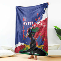 Blue and red patterned blanket with white border and central silhouette