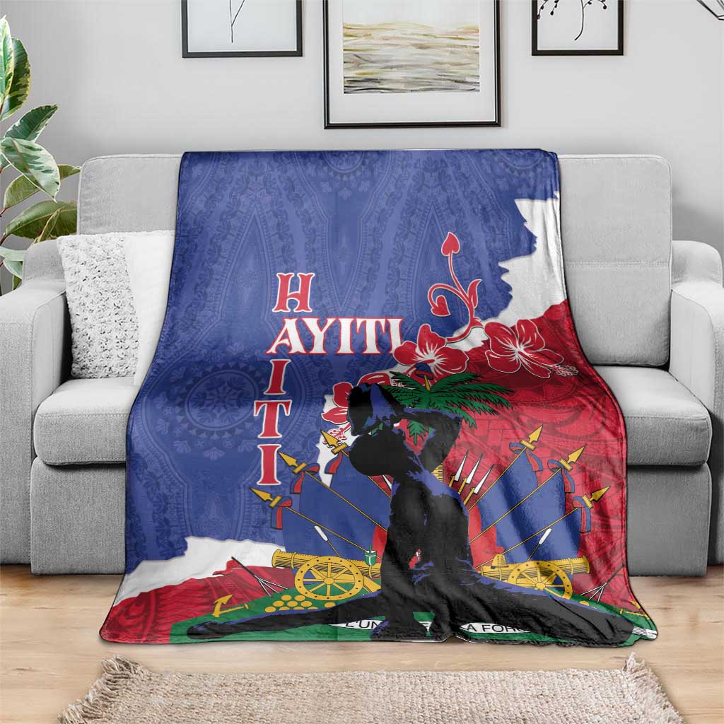 Blue, red, and white throw blanket with Polynesian-style graphics and silhouette