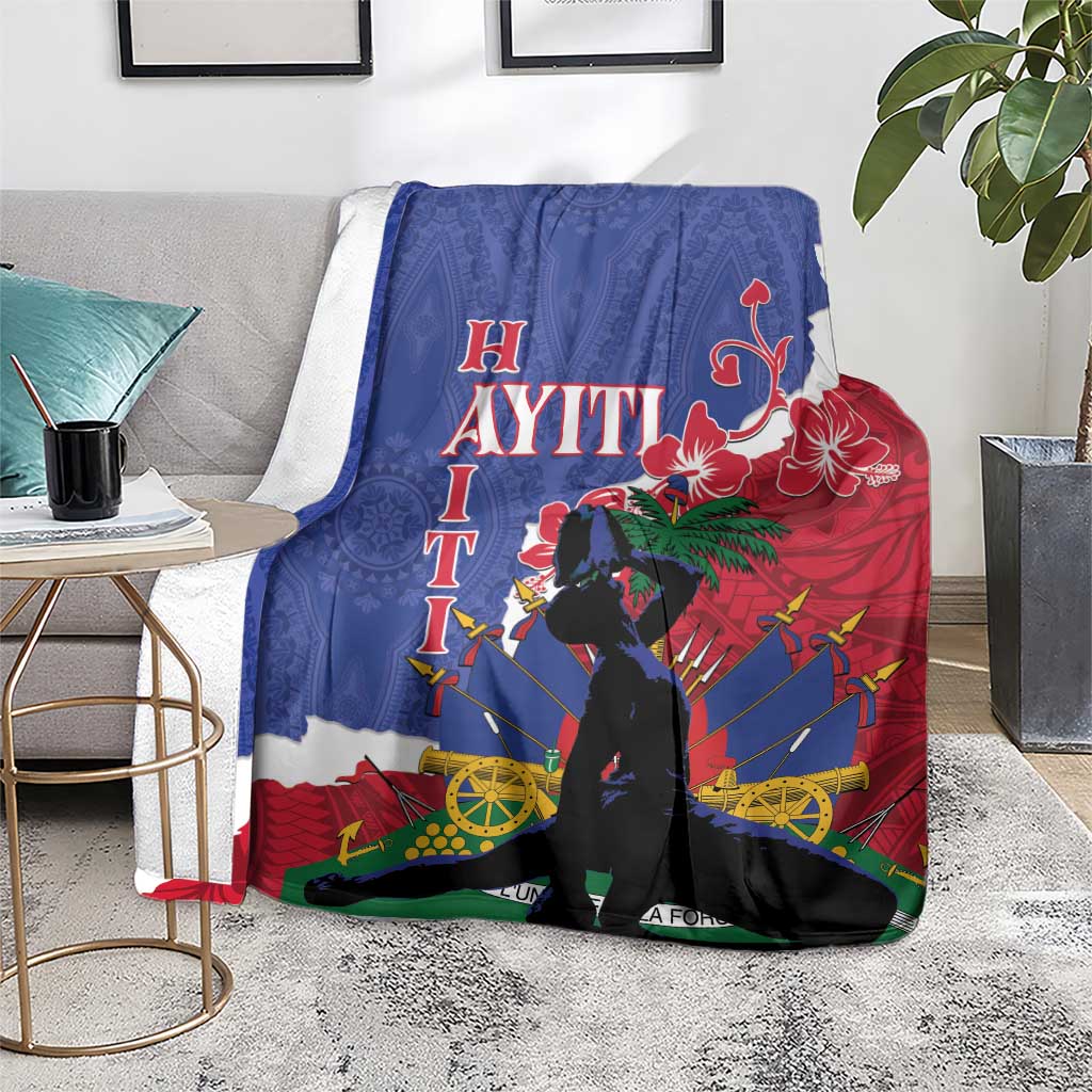 Blue, red, and white graphic blanket draped over furniture, with silhouette artwork