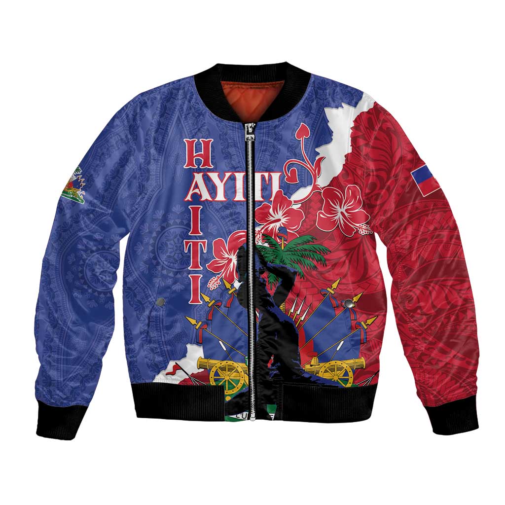 Blue and red patterned bomber jacket with front zipper, ribbed cuffs and hem