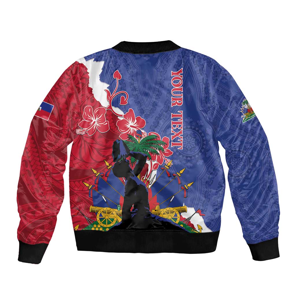 Blue and red patterned bomber jacket with ribbed collar and cuffs, graphic back print