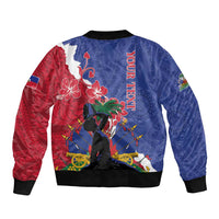 Blue and red patterned bomber jacket with ribbed collar and cuffs, graphic back print