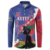 Blue button sweatshirt with red and white floral and Haiti graphic panel, long sleeves