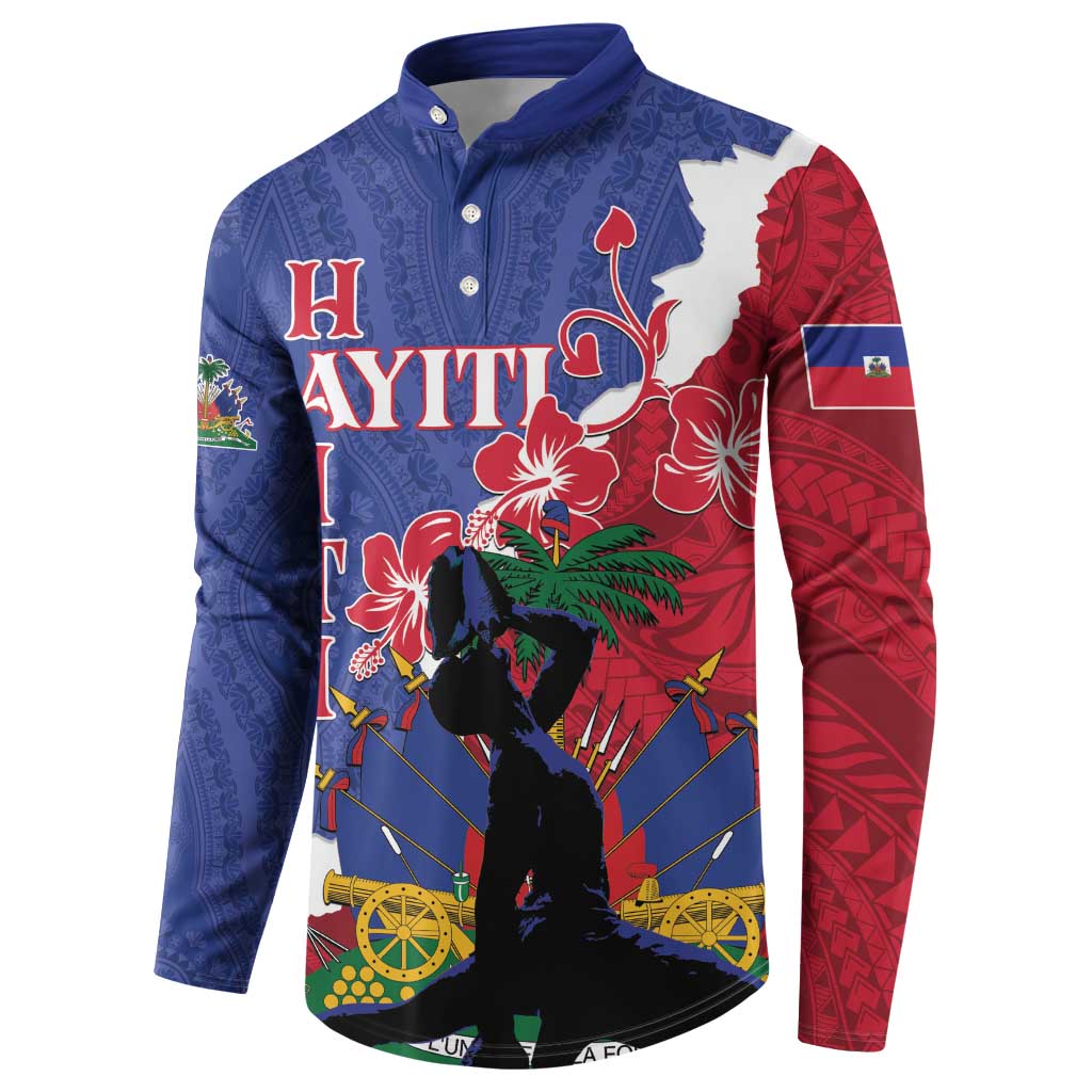 Blue button sweatshirt with red side sleeves and white-and-red Haiti floral illustration