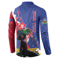 Blue button sweatshirt with red and white floral pattern, long sleeves, back view