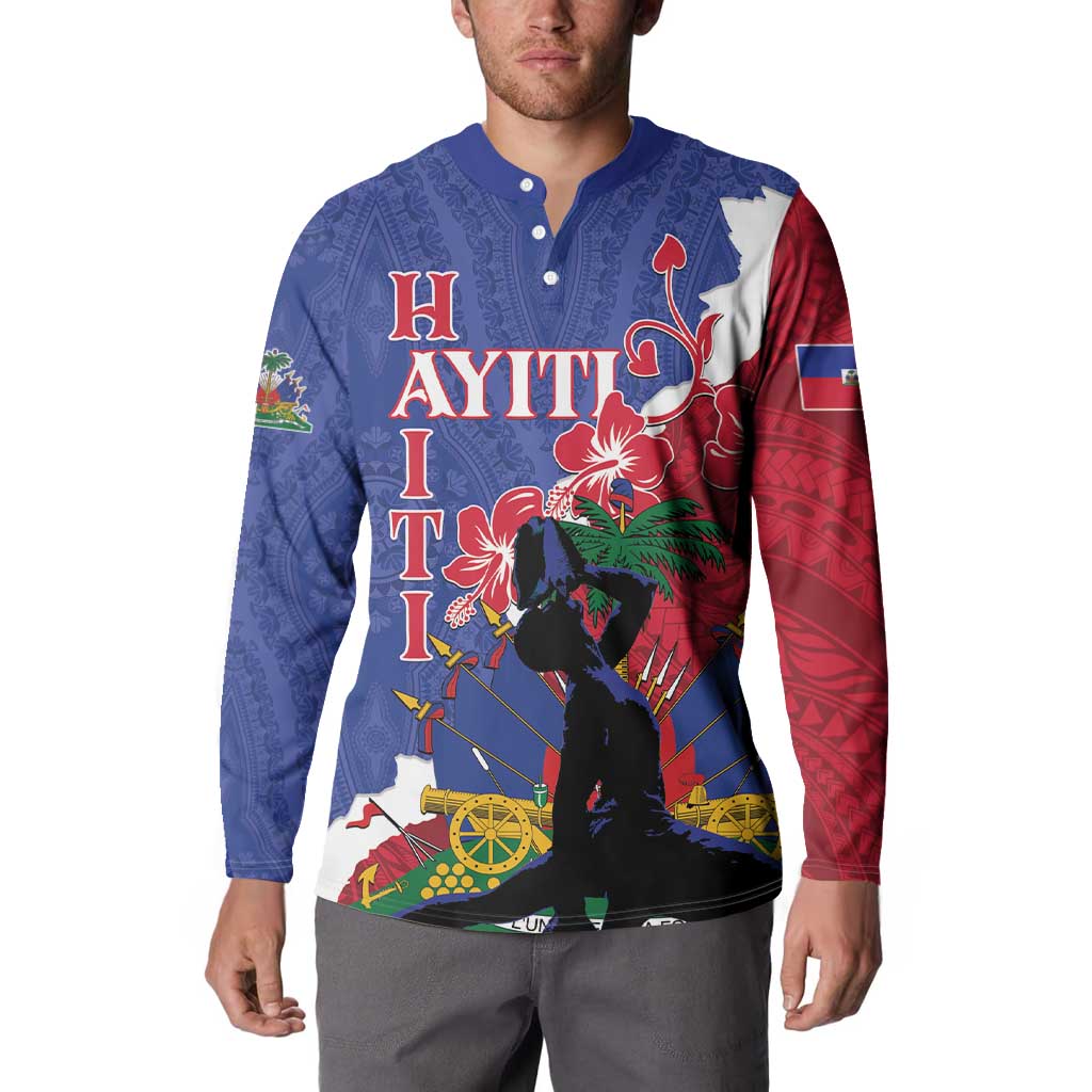 Blue button sweatshirt with red side panels and central silhouette artwork, long sleeves