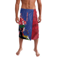 Mens blue and red patterned dashiki-style shorts with elastic waistband