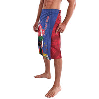 Mens blue and red side-panel patterned knee-length shorts with elastic waistband