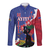 Long sleeve button shirt with blue, red, and white Haiti graphic print