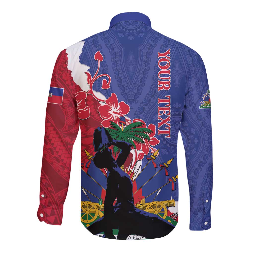 Long sleeve button shirt with blue back and red side graphic pattern
