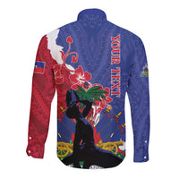 Long sleeve button shirt with blue back and red side graphic pattern