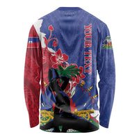Unisex long-sleeve crewneck shirt, blue with red panels and back graphic with vertical text