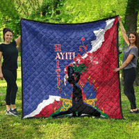 Haiti-inspired quilt blanket with blue and red halves, white map border, and central dancer graphic