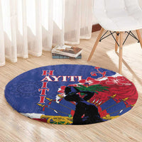 Blue oval-round carpet with Haiti text, red floral, dark figure art, spears, and compass motifs