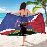 Blue and red polynesian print sarong with white accents and bold dancer graphic