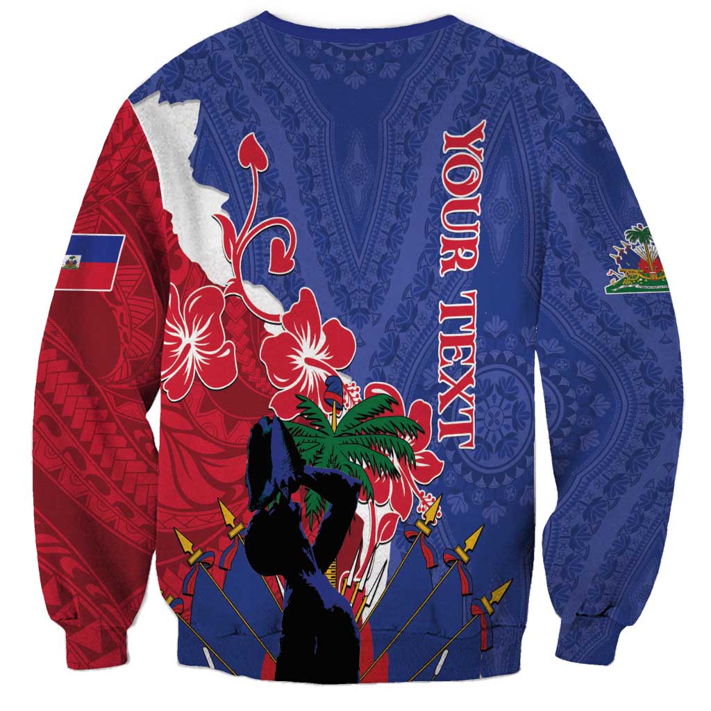 Unisex crewneck sweatshirt in blue with red side panel, palm and horse silhouette graphic