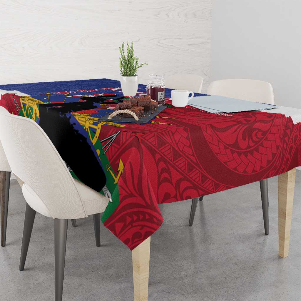 Rectangular tablecloth on dining table with red, blue, and black tribal motifs