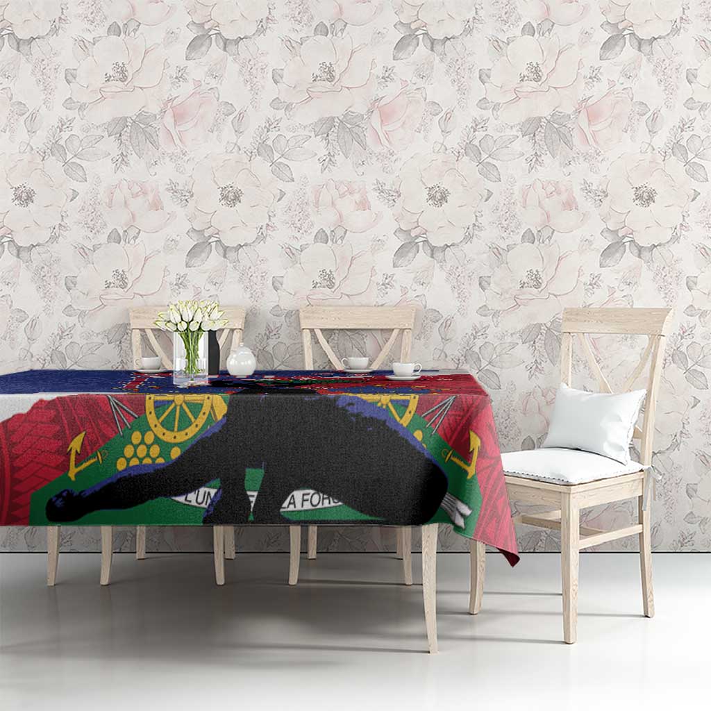 Tablecloth on bench table with red and blue graphic design and black animal motif
