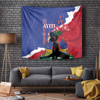 Rectangular wall tapestry with blue, red, and white Haiti map and central figure silhouette