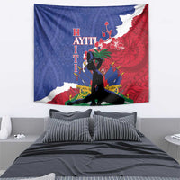 Rectangular wall tapestry featuring blue and red Haiti map with floral accents and central figure