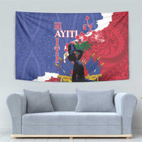 Rectangular wall tapestry with blue and red Haiti map, hibiscus flowers, and silhouette
